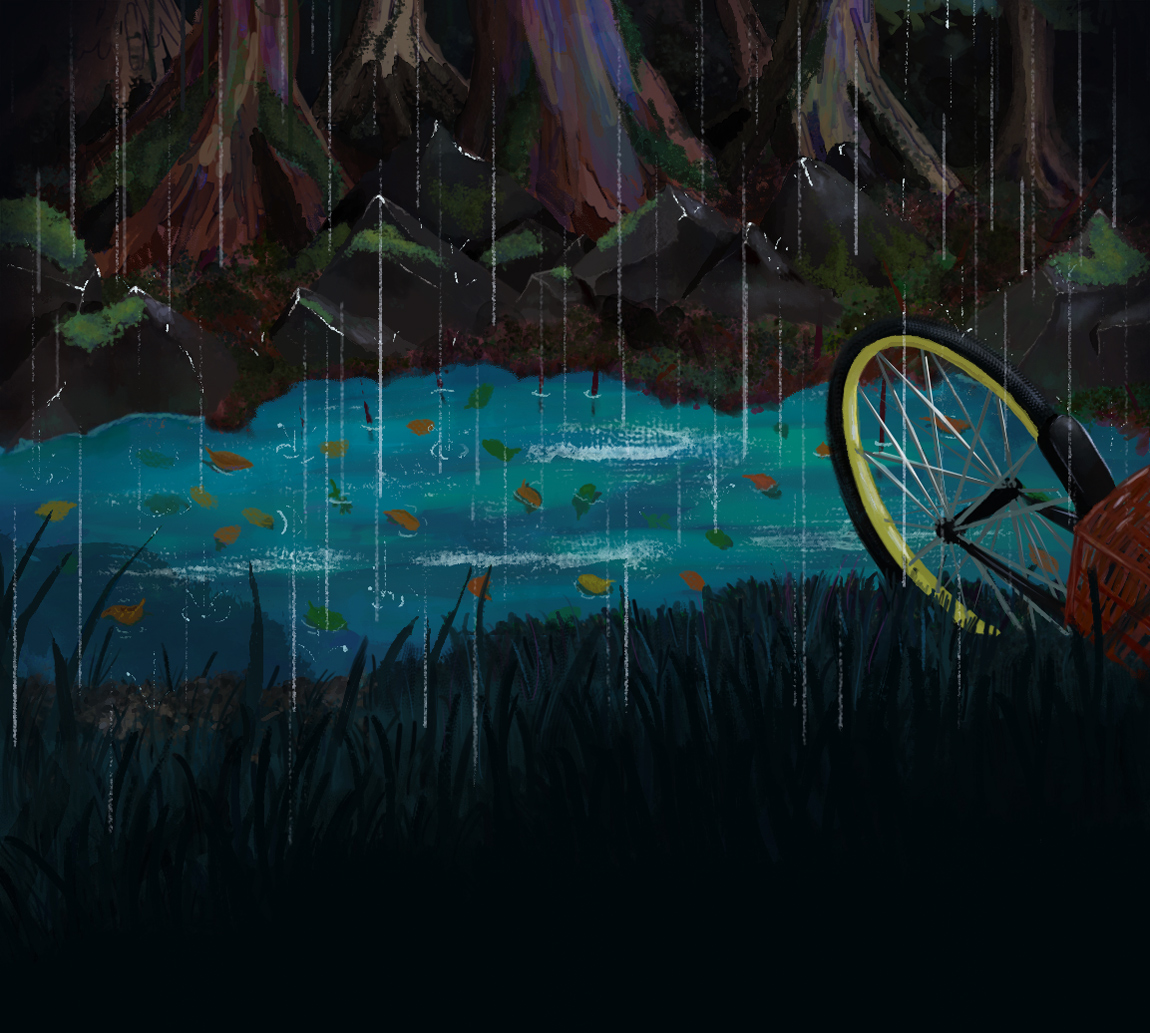 Ilustração digital da vista do outro lado do lago Mótil. Chuva e bicicleta caida a direita, levando o observador a seguir o caminho que Gabi fez.